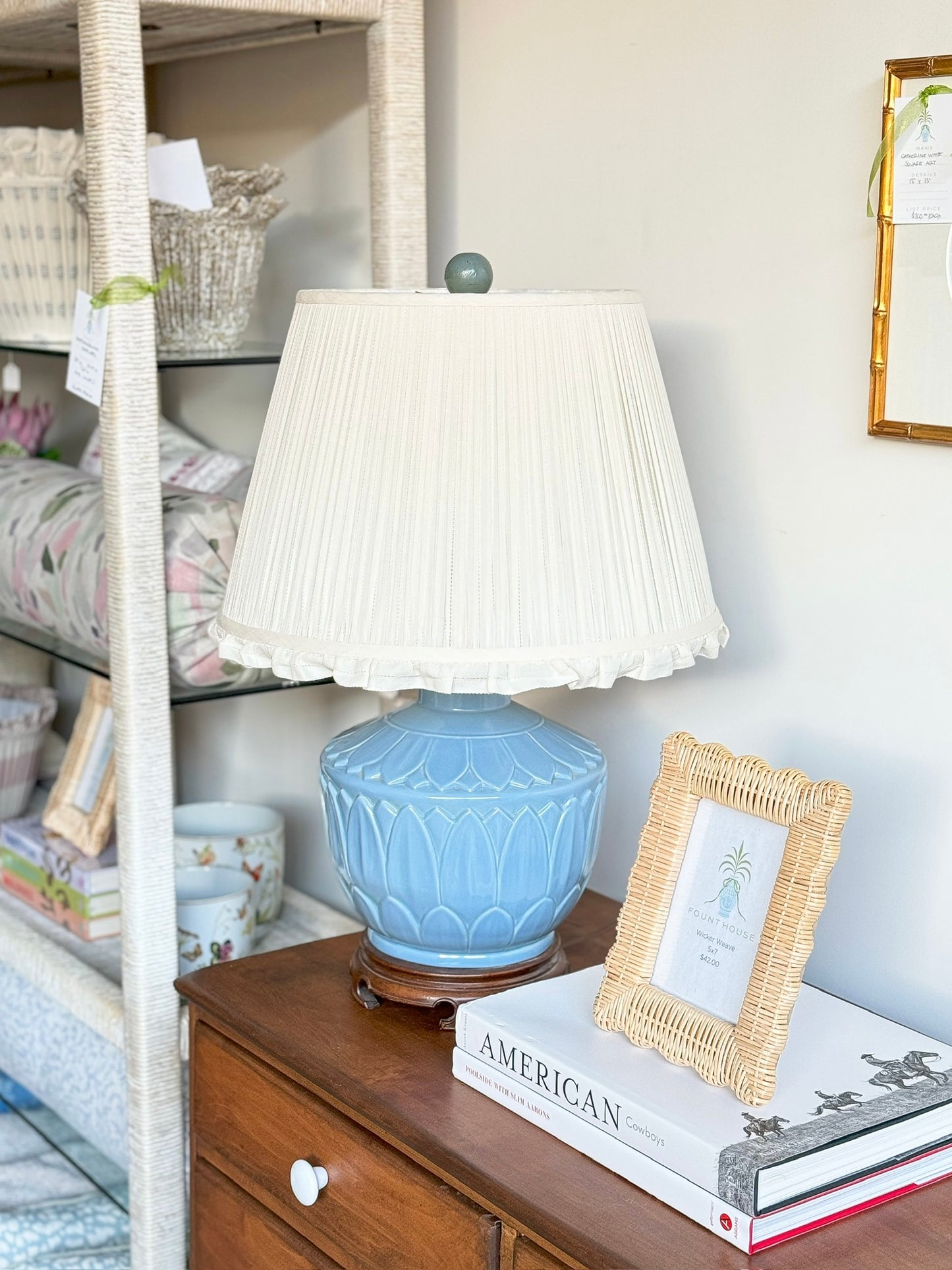 Vintage Blue Table Lamp with Pleated Shade